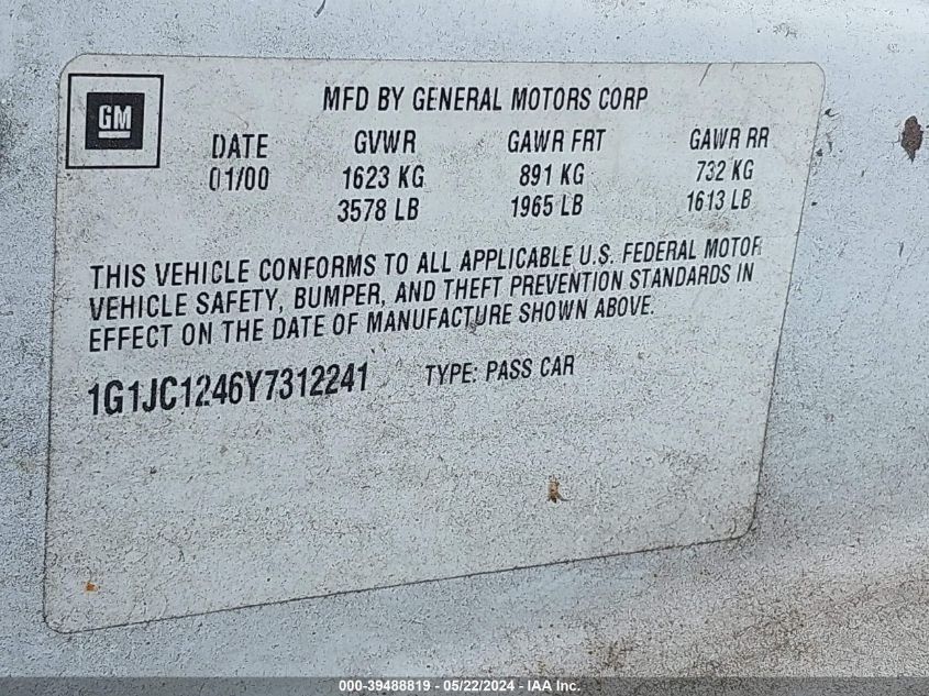 2000 Chevrolet Cavalier VIN: 1G1JC1246Y7312241 Lot: 39488819