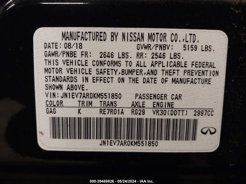 2019 Infiniti Q50 3.0T Luxe VIN: JN1EV7AR0KM551850 Lot: 39488826