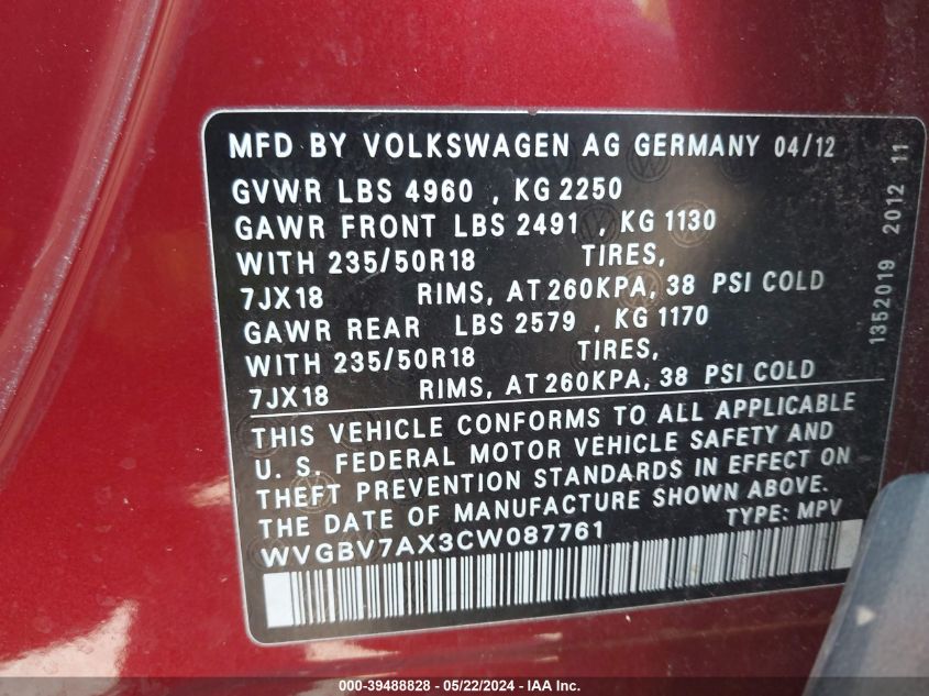 2012 Volkswagen Tiguan Se VIN: WVGBV7AX3CW087761 Lot: 39488828