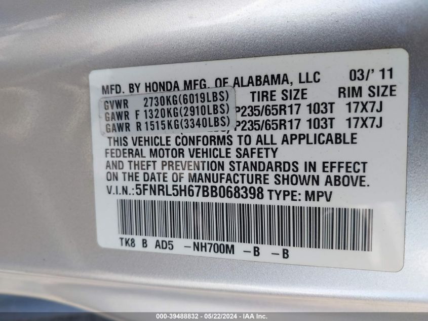 2011 Honda Odyssey Ex-L VIN: 5FNRL5H67BB068398 Lot: 39488832