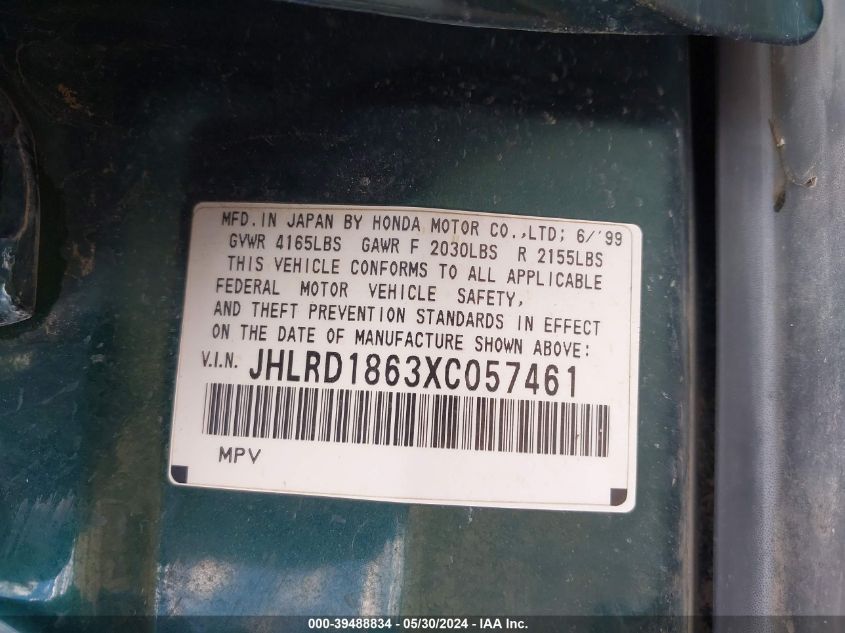 1999 Honda Cr-V Ex VIN: JHLRD1863XC057461 Lot: 39488834