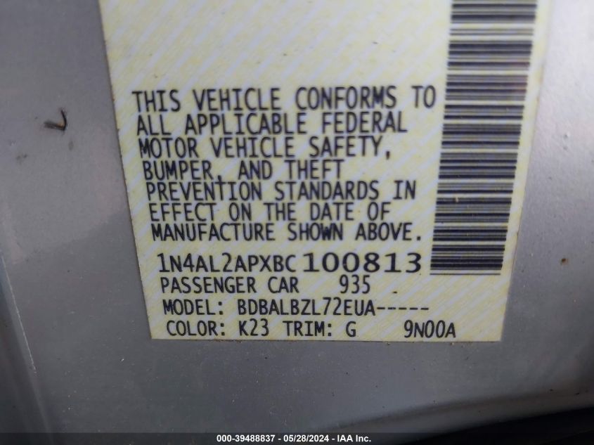 2011 Nissan Altima 2.5 S VIN: 1N4AL2APXBC100813 Lot: 39488837