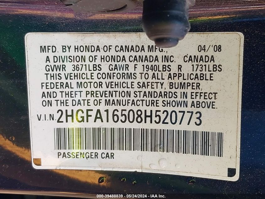 2008 Honda Civic Lx VIN: 2HGFA16508H520773 Lot: 39488839
