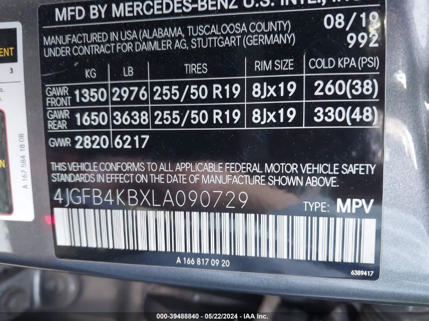 2020 Mercedes-Benz Gle 350 4Matic VIN: 4JGFB4KBXLA090729 Lot: 39488840