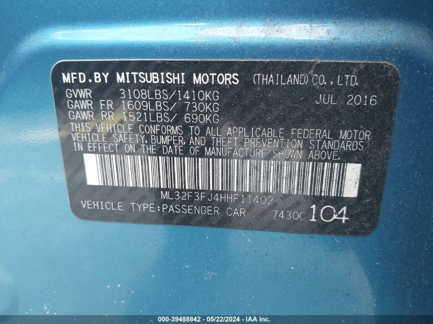 2017 Mitsubishi Mirage G4 Es VIN: ML32F3FJ4HHF11402 Lot: 39488842