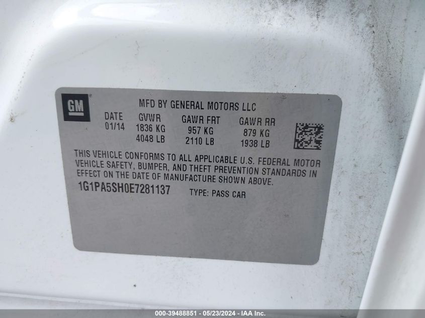 2014 Chevrolet Cruze Ls Auto VIN: 1G1PA5SH0E7281137 Lot: 39488851