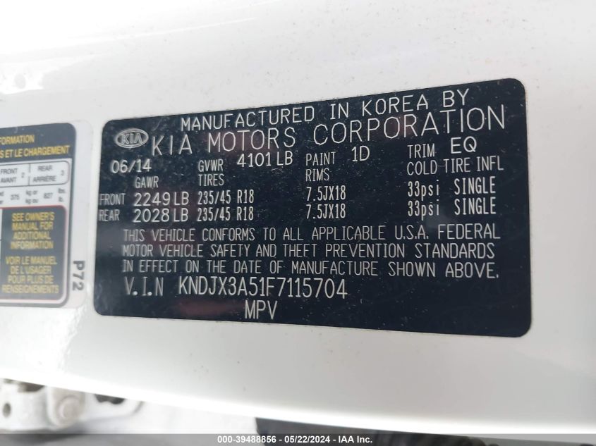 2015 Kia Soul ! VIN: KNDJX3A51F7115704 Lot: 39488856