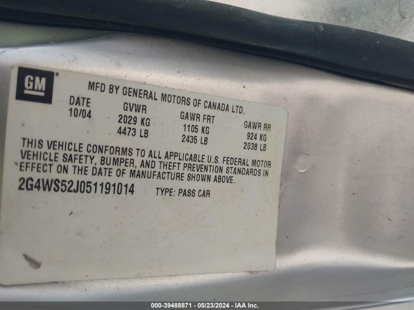 2005 Buick Century VIN: 2G4WS52J051191014 Lot: 39488871