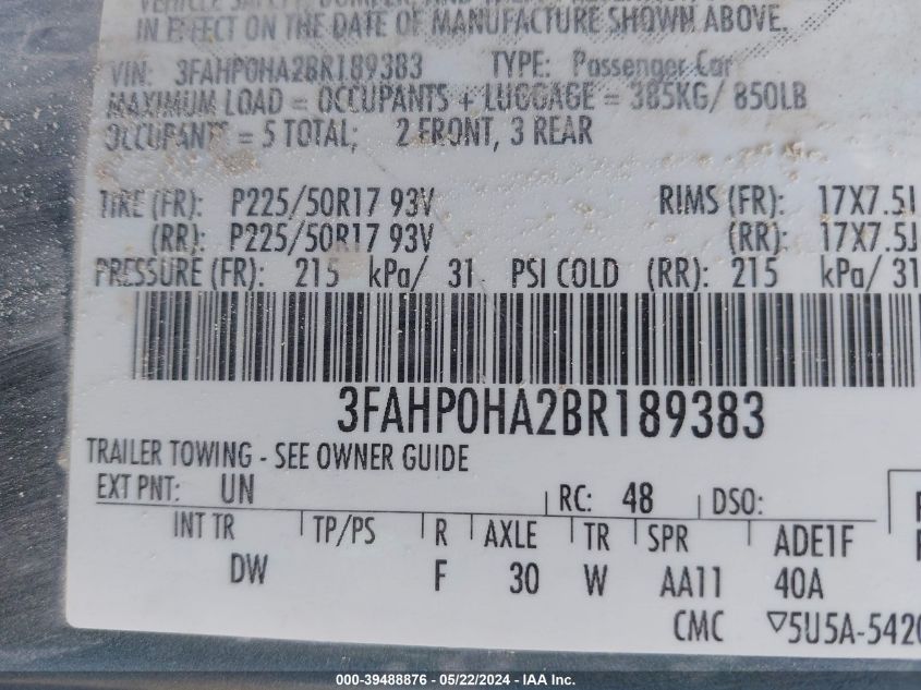 2011 Ford Fusion Se VIN: 3FAHP0HA2BR189383 Lot: 39488876