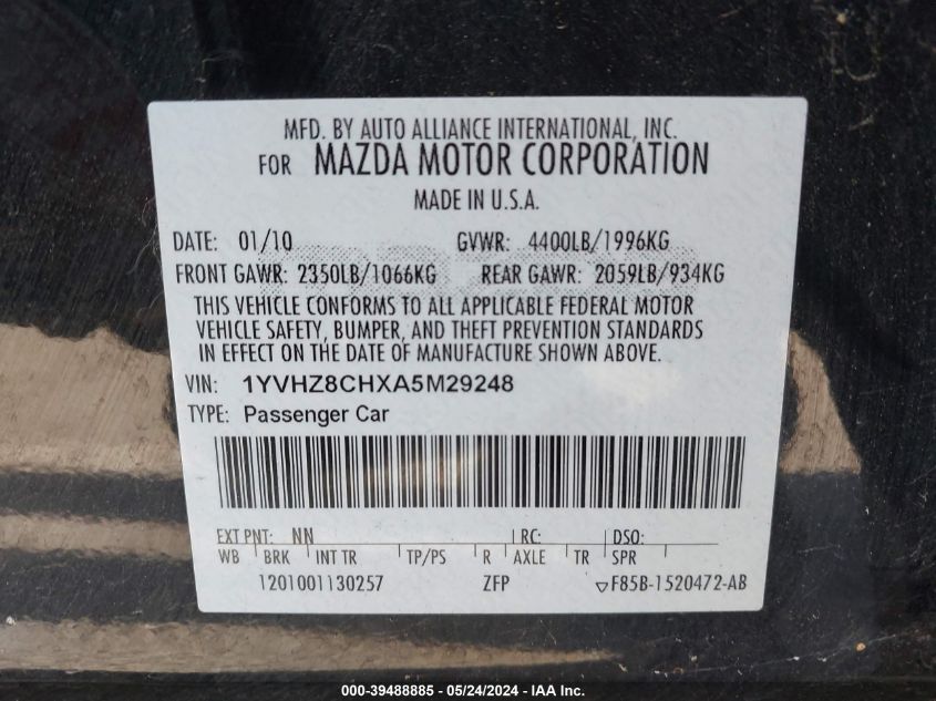 2010 Mazda 6 I VIN: 1YVHZ8CHXA5M29248 Lot: 39488885