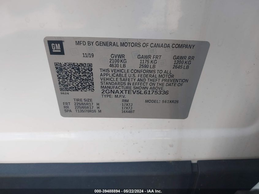 2020 Chevrolet Equinox Awd 2Fl VIN: 2GNAXTEV5L6175336 Lot: 39488894