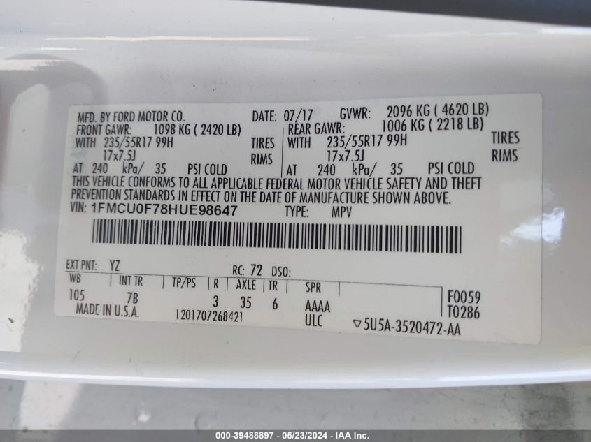 2017 Ford Escape S VIN: 1FMCU0F78HUE98647 Lot: 39488897