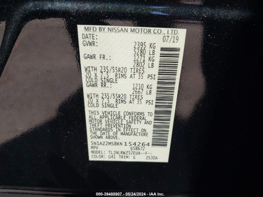 2019 Nissan Murano Sl VIN: 5N1AZ2MS8KN154264 Lot: 39488907