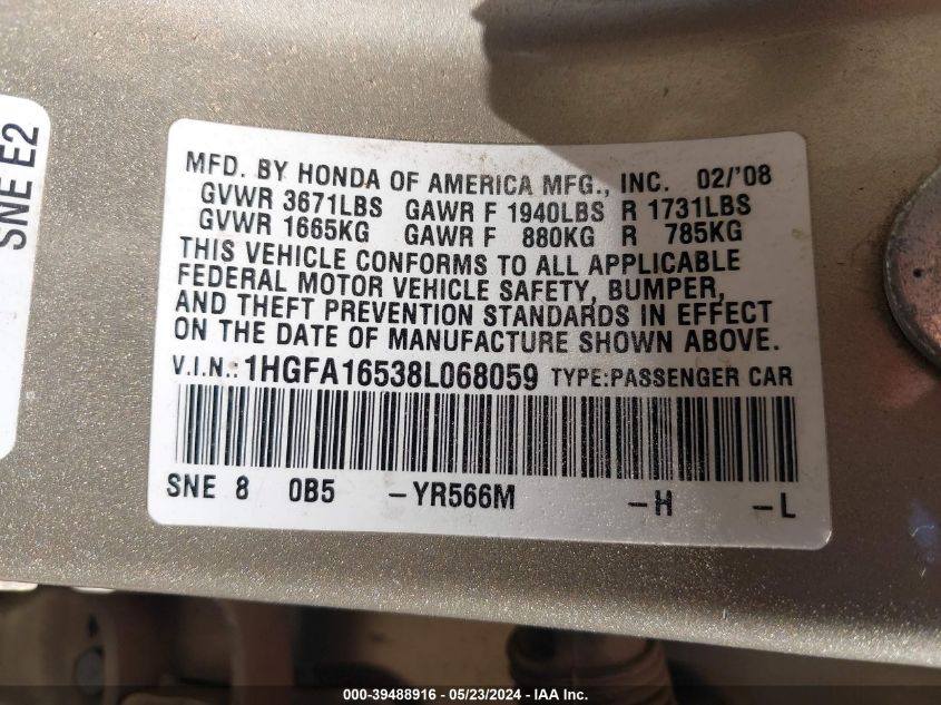 2008 Honda Civic Lx VIN: 1HGFA16538L068059 Lot: 39488916