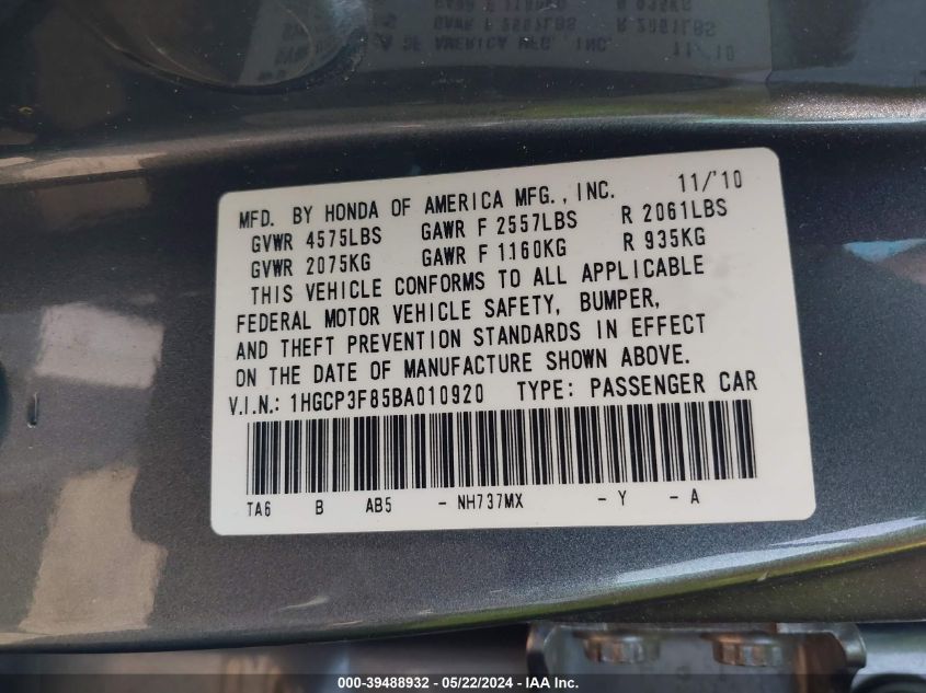 2011 Honda Accord 3.5 Ex-L VIN: 1HGCP3F85BA010920 Lot: 39488932