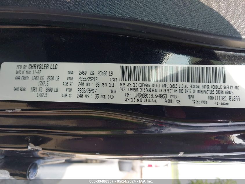 2008 Jeep Wrangler Unlimited X VIN: 1J4GA39118L548053 Lot: 39488937