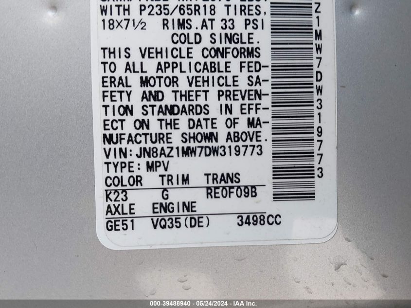 2013 Nissan Murano Sl VIN: JN8AZ1MW7DW319773 Lot: 39488940