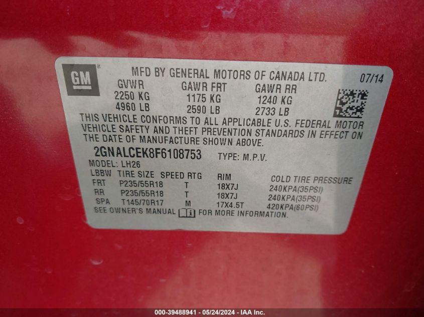 2015 Chevrolet Equinox 2Lt VIN: 2GNALCEK8F6108753 Lot: 39488941