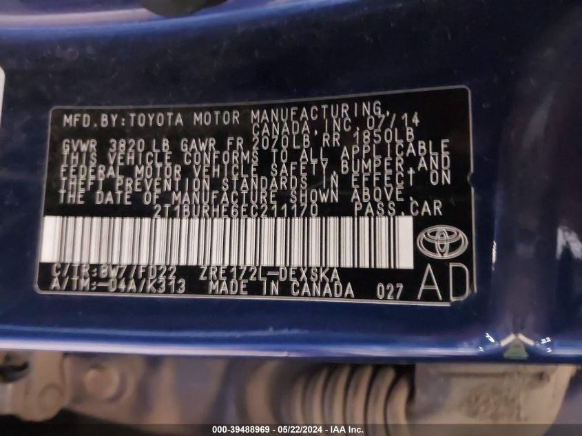 2014 Toyota Corolla S Plus VIN: 2T1BURHE6EC211170 Lot: 39488969