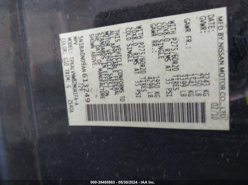 2010 Nissan Armada Platinum VIN: 5N1BA0ND9AN613249 Lot: 39488983