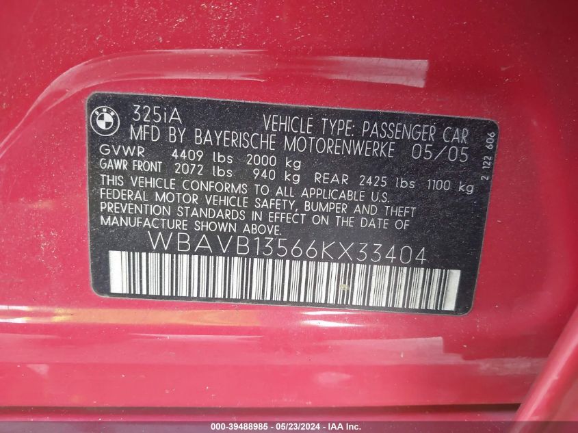 2006 BMW 325I VIN: WBAVB13566KX33404 Lot: 39488985