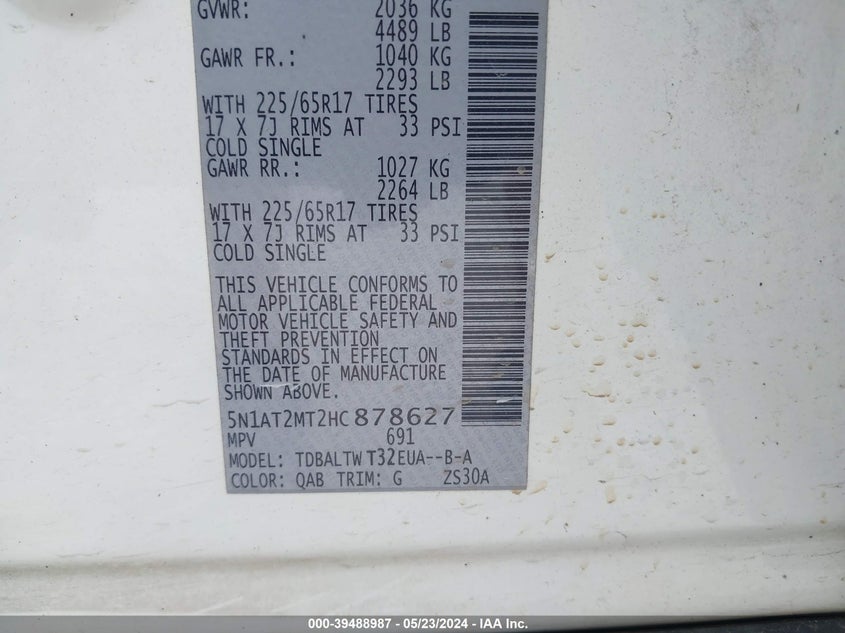 2017 Nissan Rogue Sv VIN: 5N1AT2MT2HC878627 Lot: 39488987