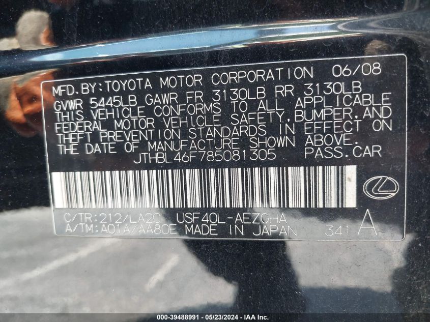 2008 Lexus Ls 460 VIN: JTHBL46F785081305 Lot: 39488991