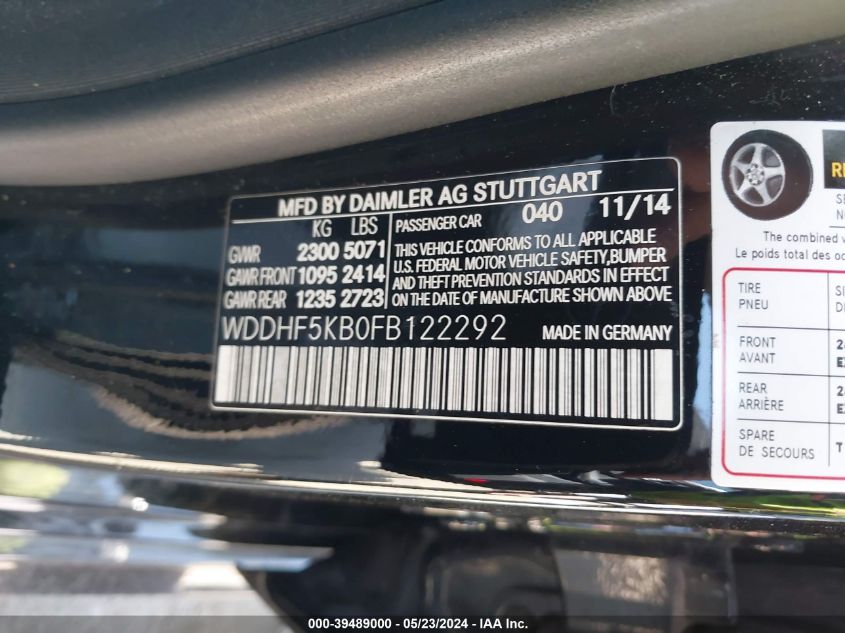 2015 Mercedes-Benz E 350 VIN: WDDHF5KB0FB122292 Lot: 39489000