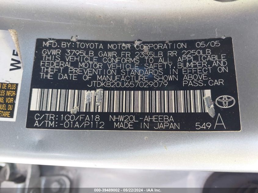 2005 Toyota Prius VIN: JTDKB20U657029079 Lot: 39489002
