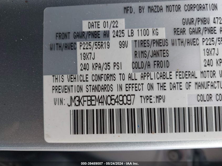 2022 Mazda Cx-5 2.5 S Premium Plus VIN: JM3KFBEM4N0549097 Lot: 39489007