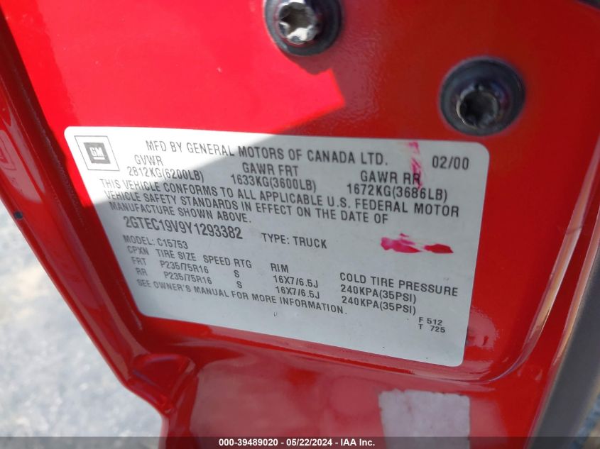 2000 GMC Sierra 1500 Sle VIN: 2GTEC19V9Y1293382 Lot: 39489020