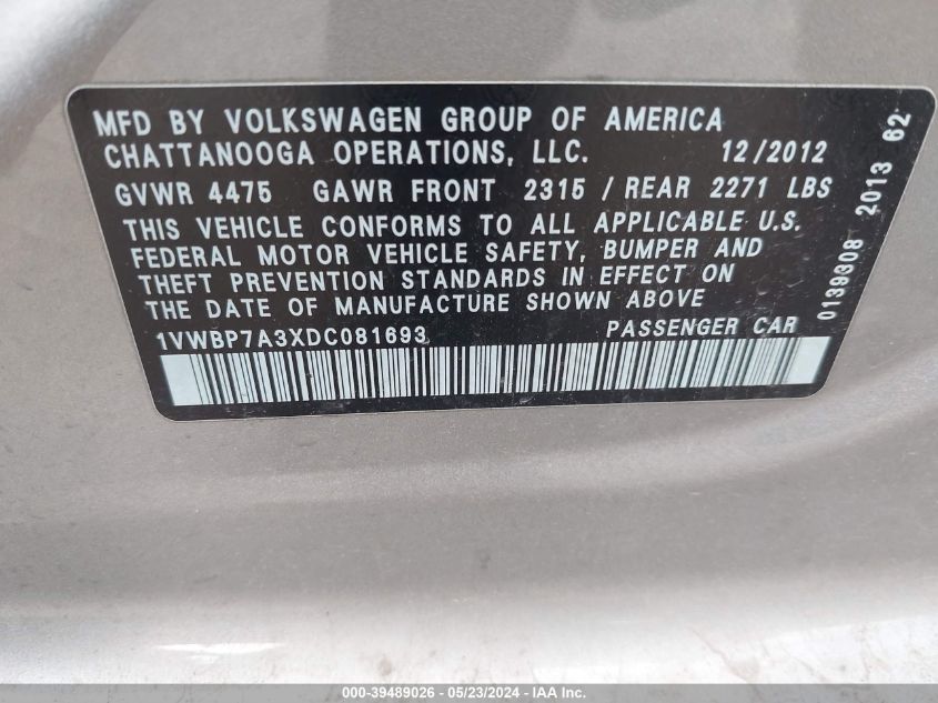 2013 Volkswagen Passat 2.5L Se VIN: 1VWBP7A3XDC081693 Lot: 39489026