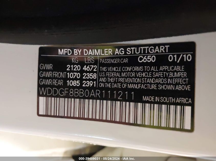 2010 Mercedes-Benz C 300 Luxury 4Matic/Sport 4Matic VIN: WDDGF8BB0AR111211 Lot: 39489031