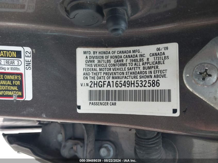 2009 Honda Civic Lx VIN: 2HGFA16549H532586 Lot: 39489039