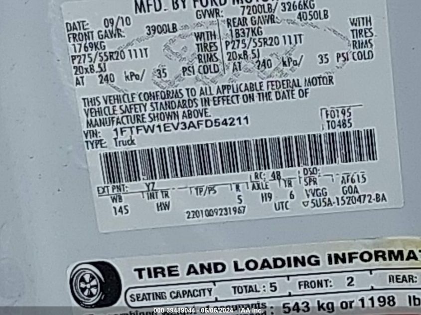 2010 Ford F-150 Fx4/Harley-Davidson/King Ranch/Lariat/Platinum/Xl/Xlt VIN: 1FTFW1EV3AFD54211 Lot: 39489044