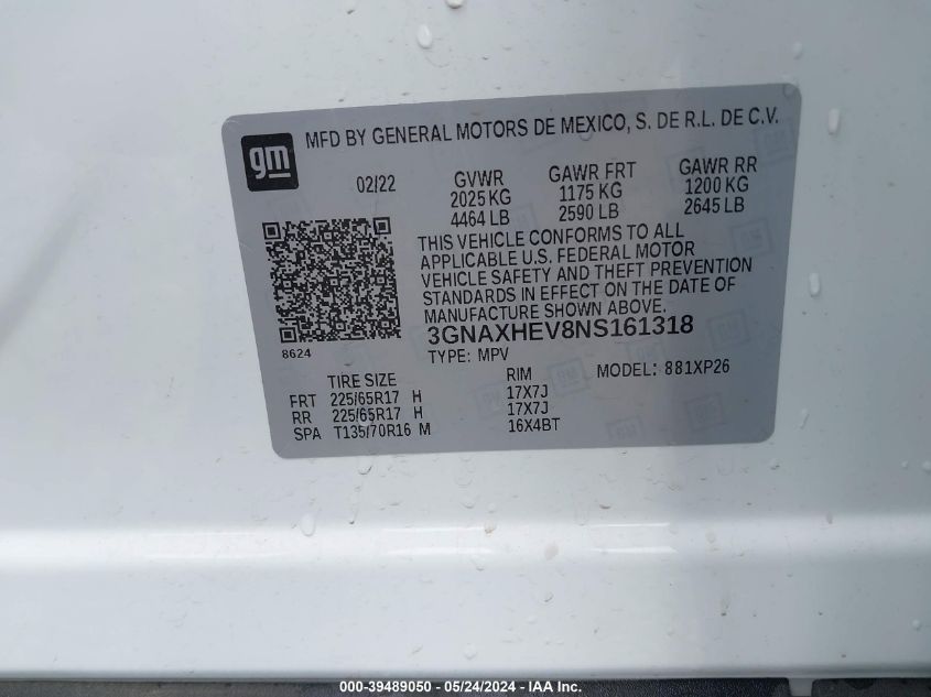 2022 Chevrolet Equinox Fwd Ls VIN: 3GNAXHEV8NS161318 Lot: 39489050