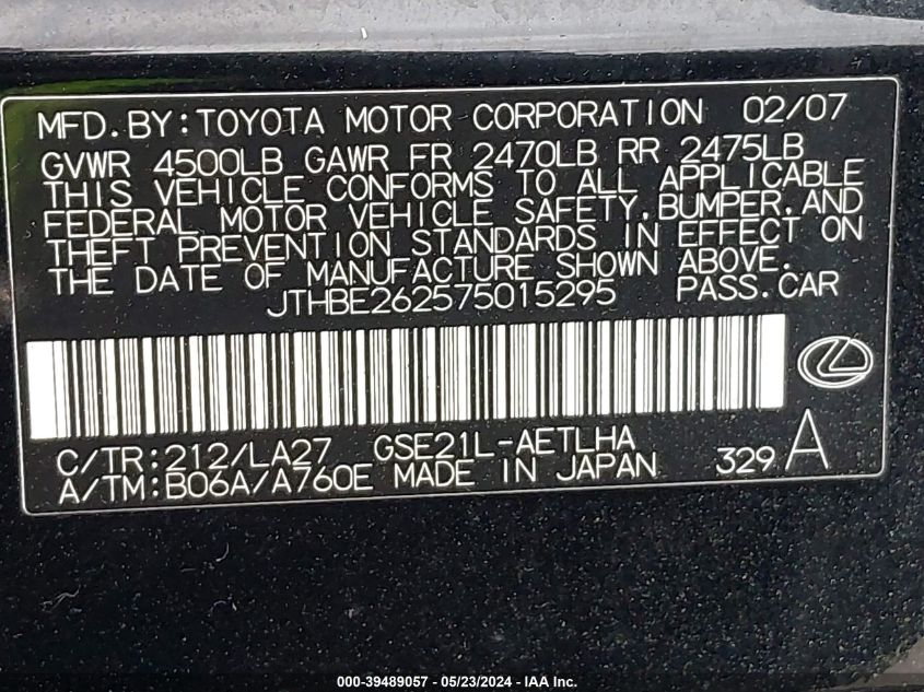 2007 Lexus Is 350 VIN: JTHBE262575015295 Lot: 39489057