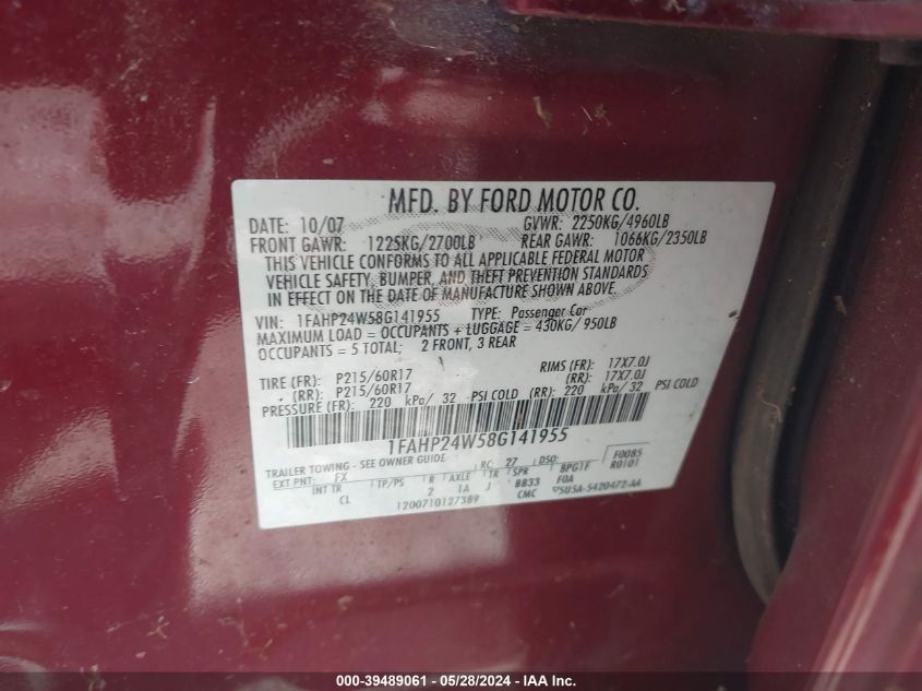 2008 Ford Taurus Sel VIN: 1FAHP24W58G141955 Lot: 39489061