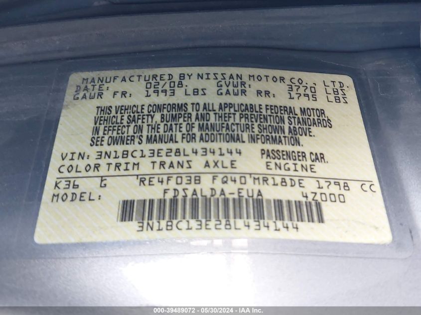2008 Nissan Versa 1.8S VIN: 3N1BC13E28L434144 Lot: 39489072