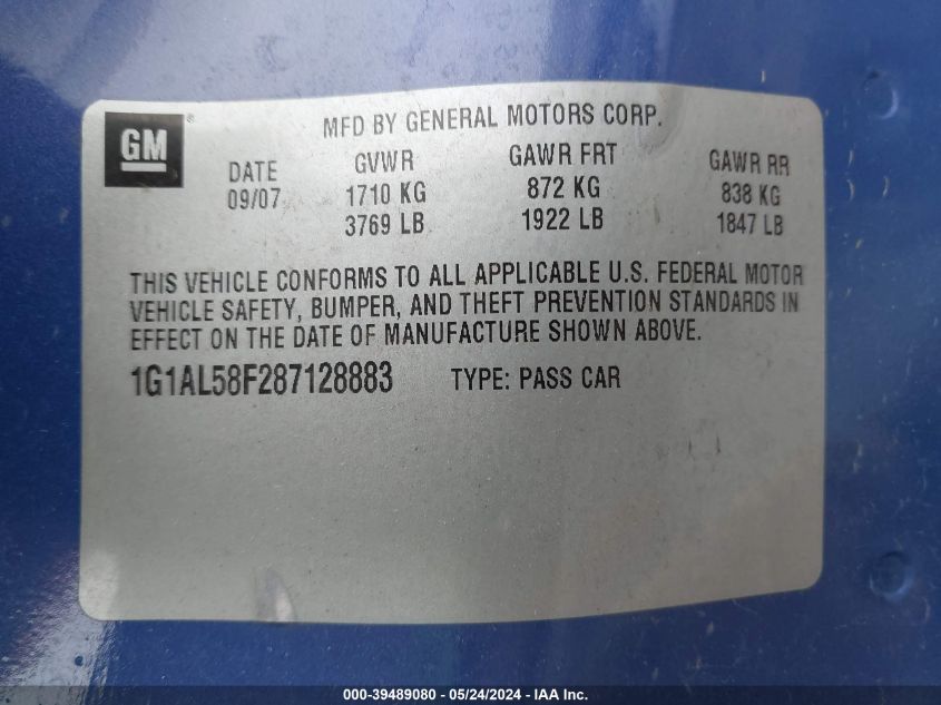2008 Chevrolet Cobalt Lt VIN: 1G1AL58F287128883 Lot: 39489080