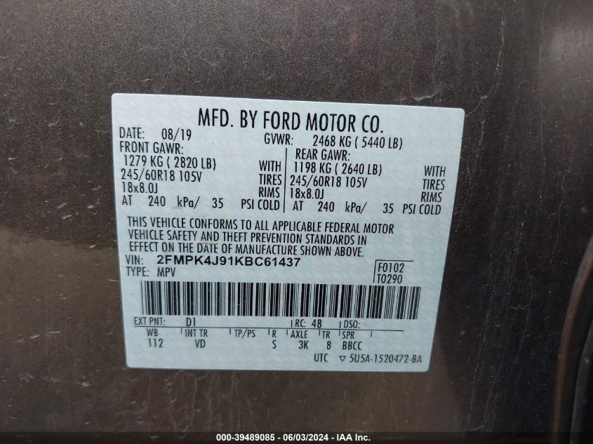 2019 Ford Edge Sel VIN: 2FMPK4J91KBC61437 Lot: 39489085