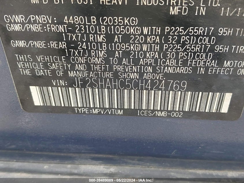 2012 Subaru Forester 2.5X Touring VIN: JF2SHAHC5CH424769 Lot: 39489089