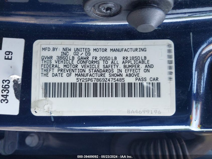 2009 Pontiac Vibe VIN: 5Y2SP67869Z475485 Lot: 39489092