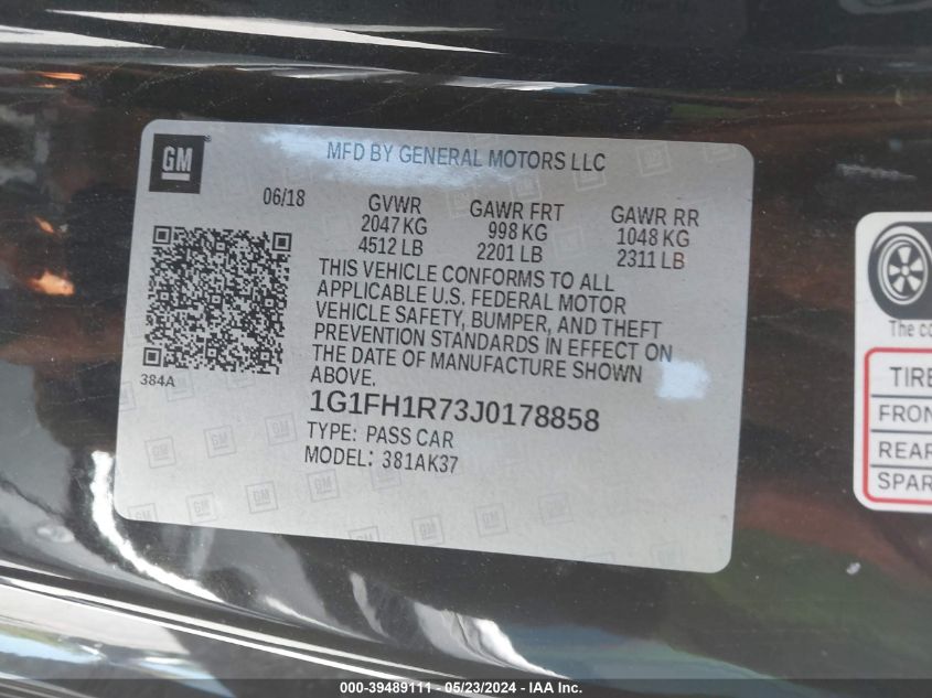 2018 Chevrolet Camaro 2Ss VIN: 1G1FH1R73J0178858 Lot: 39489111