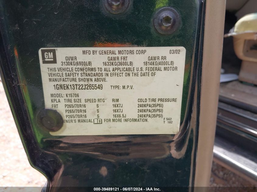 2002 Chevrolet Tahoe Lt VIN: 1GNEK13T22J265549 Lot: 39489121