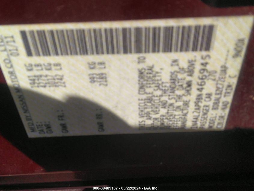 2011 Nissan Altima 2.5 S VIN: 1N4AL2AP9BN466945 Lot: 39489137