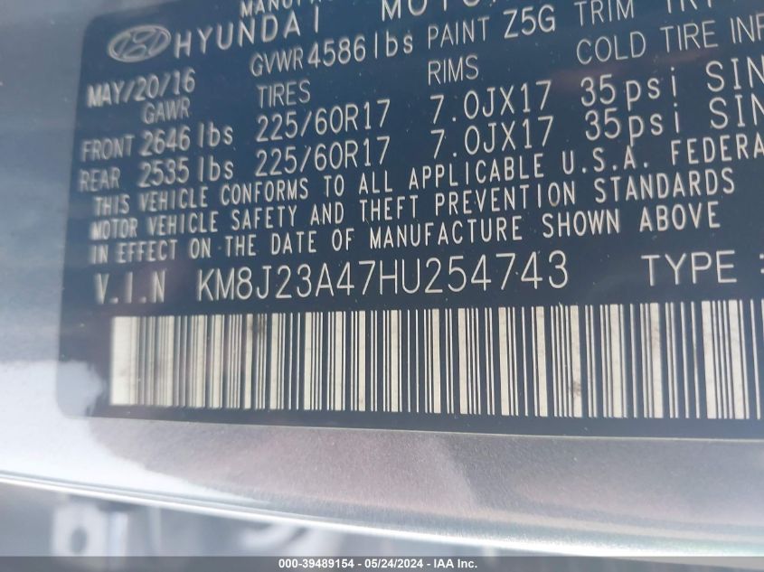 2017 Hyundai Tucson Se VIN: KM8J23A47HU254743 Lot: 39489154