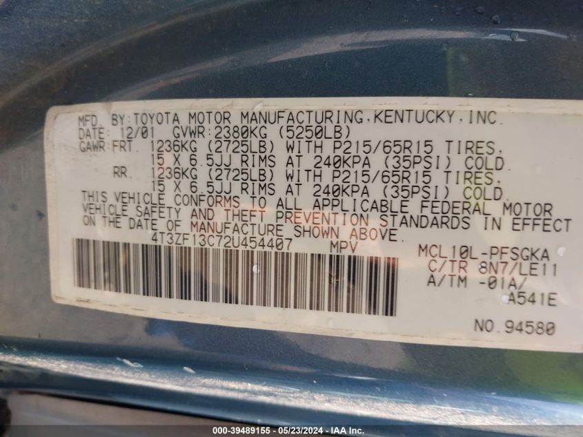 2002 Toyota Sienna Xle VIN: 4T3ZF13C72U454407 Lot: 39489155