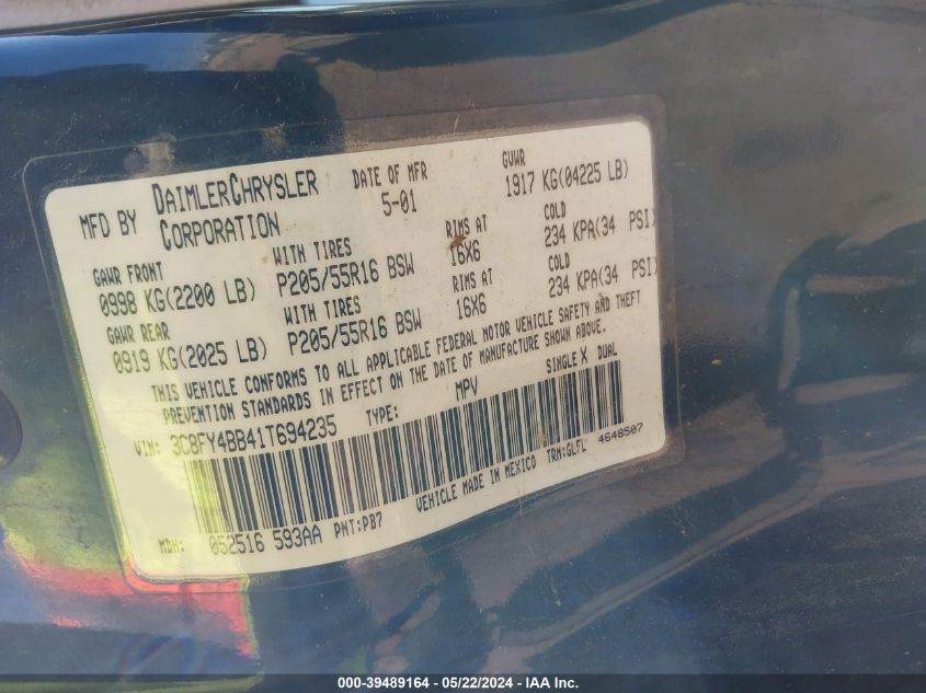 2001 Chrysler Pt Cruiser VIN: 3C8FY4BB41T694235 Lot: 39489164