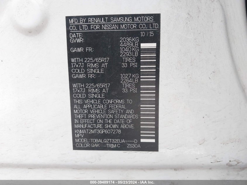 2016 Nissan Rogue Sv VIN: KNMAT2MT3GP607278 Lot: 39489174